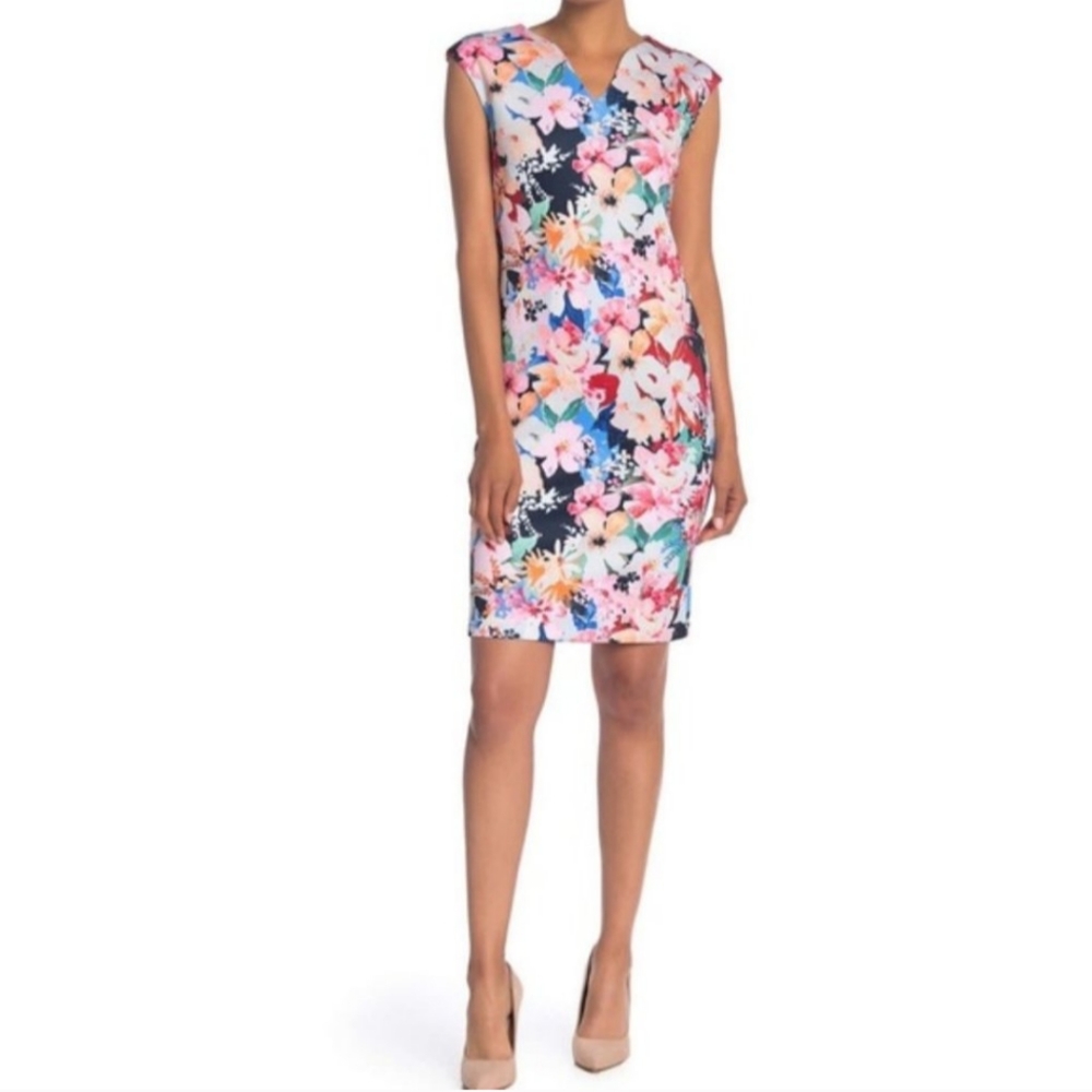Tahari Floral V neck dress